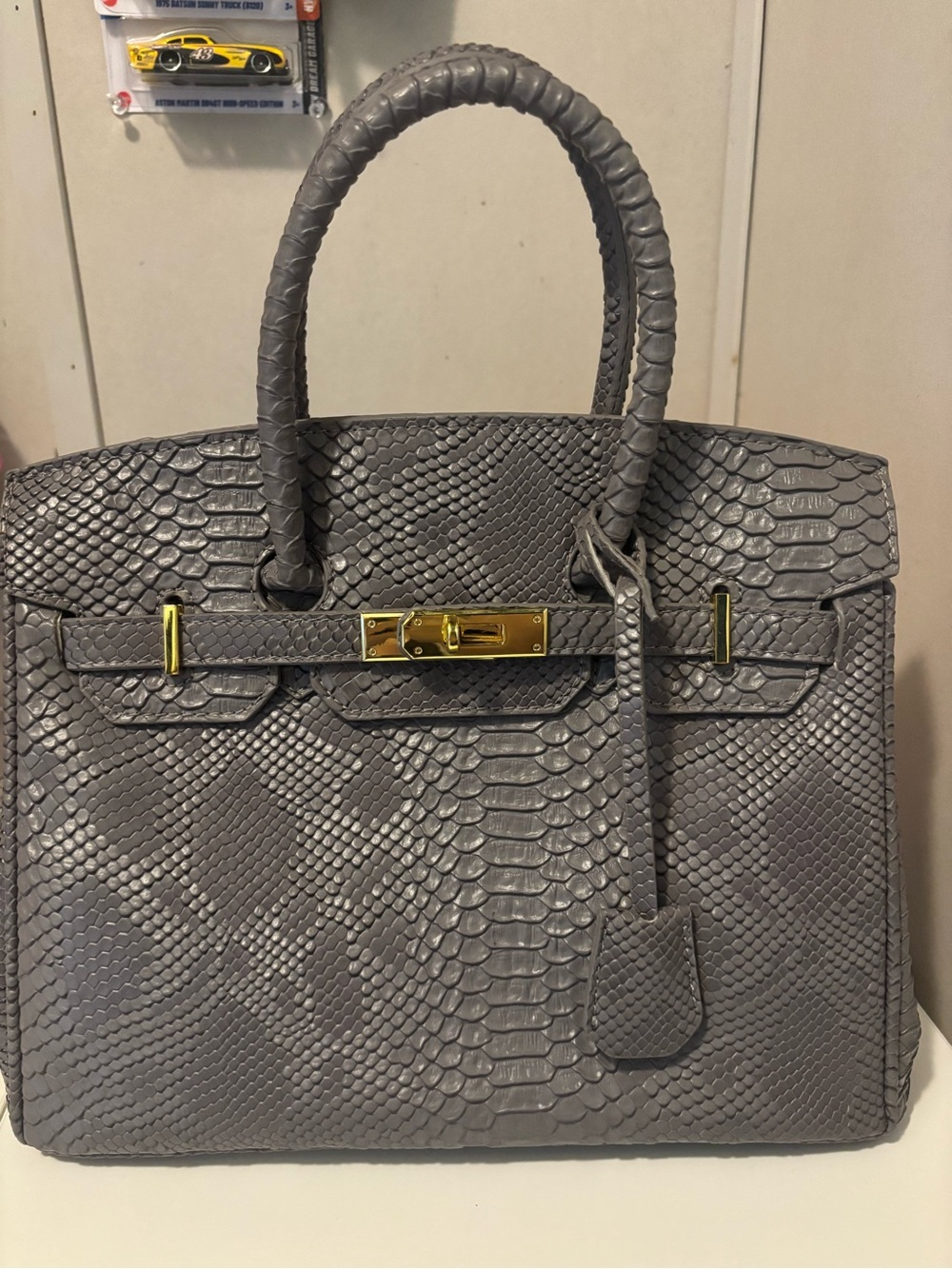 Structured Gray Snake-Embossed Tote with Gold Hardware